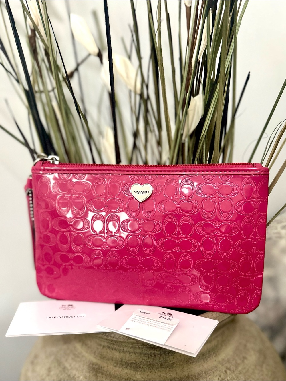 *NWT Coach Peyton Signature Embossed Patent Leather Wristlet in Fuscia